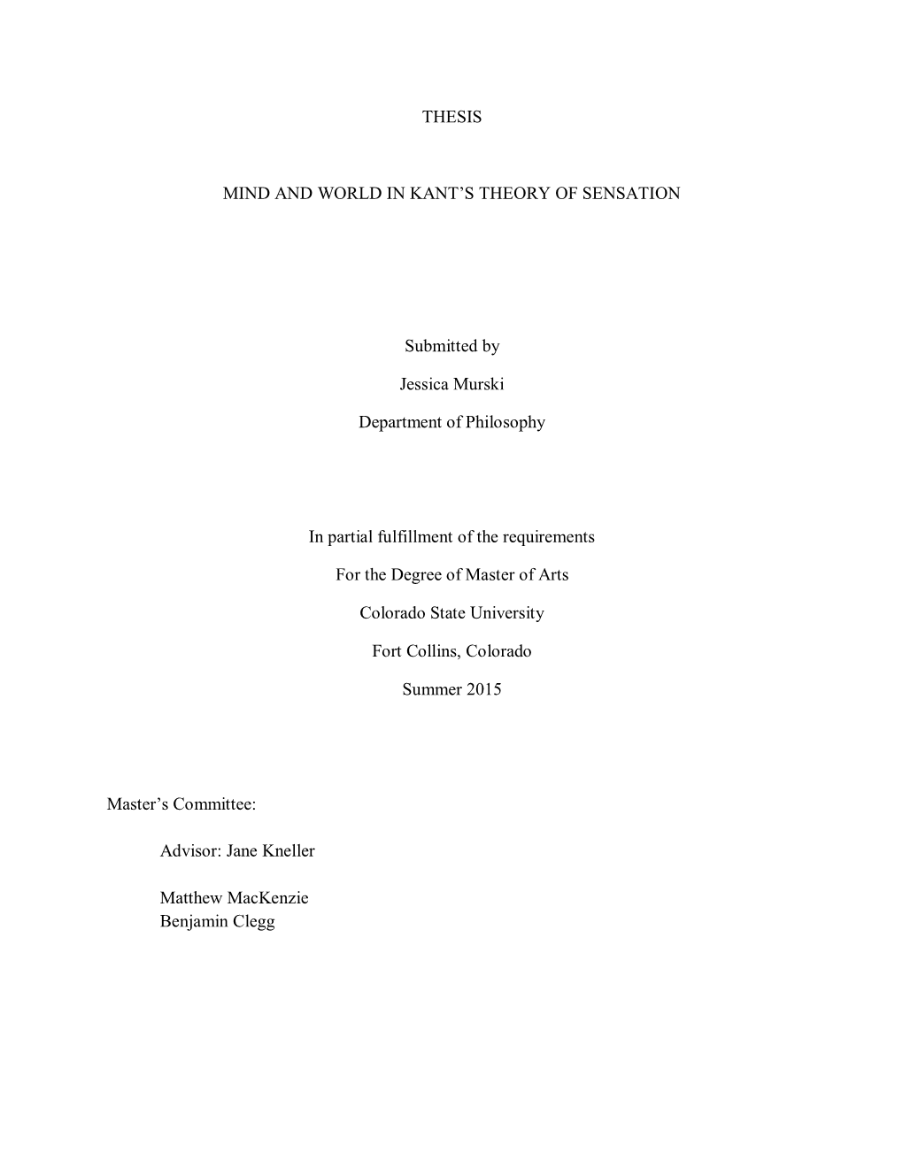 Thesis Mind and World in Kant's Theory of Sensation