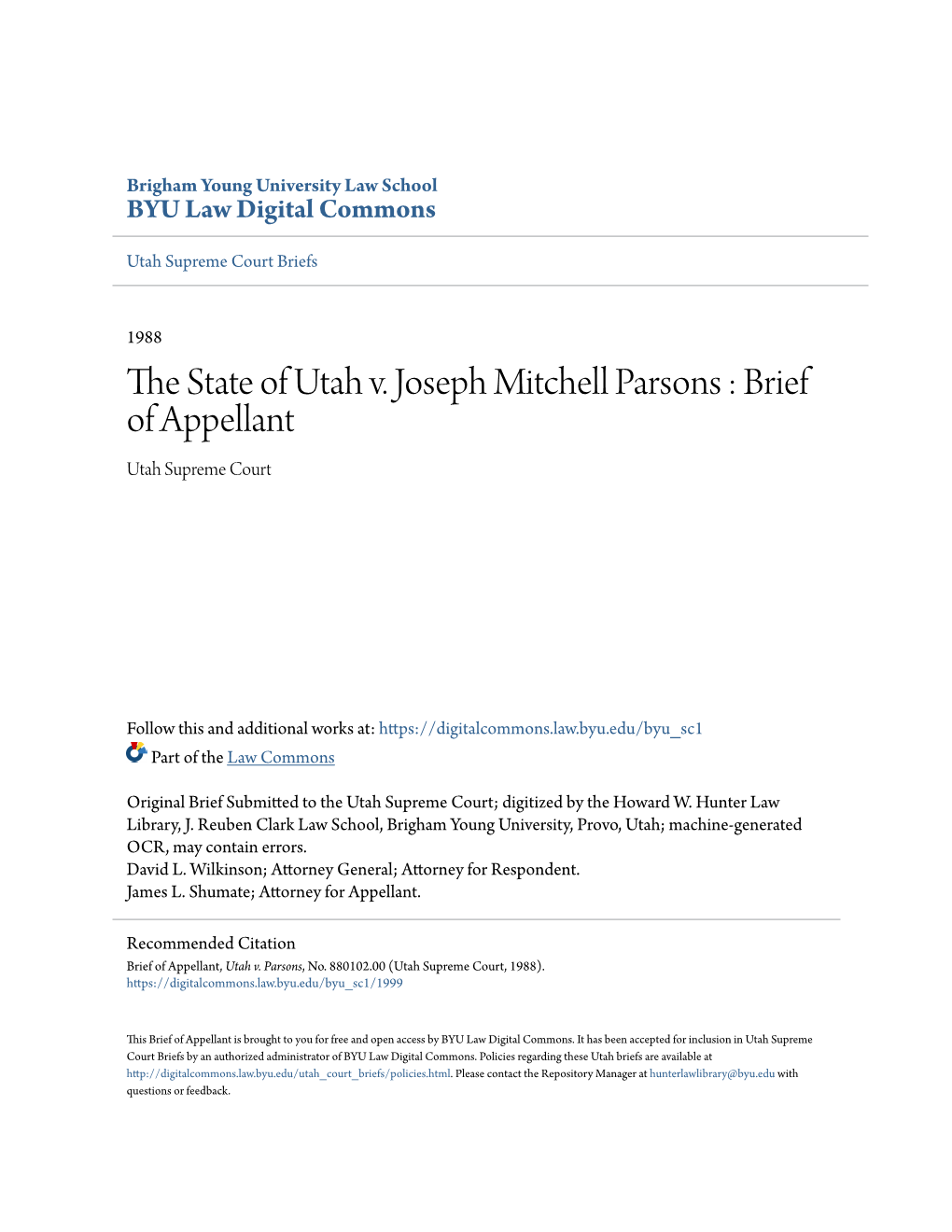 The State of Utah V. Joseph Mitchell Parsons : Brief of Appellant