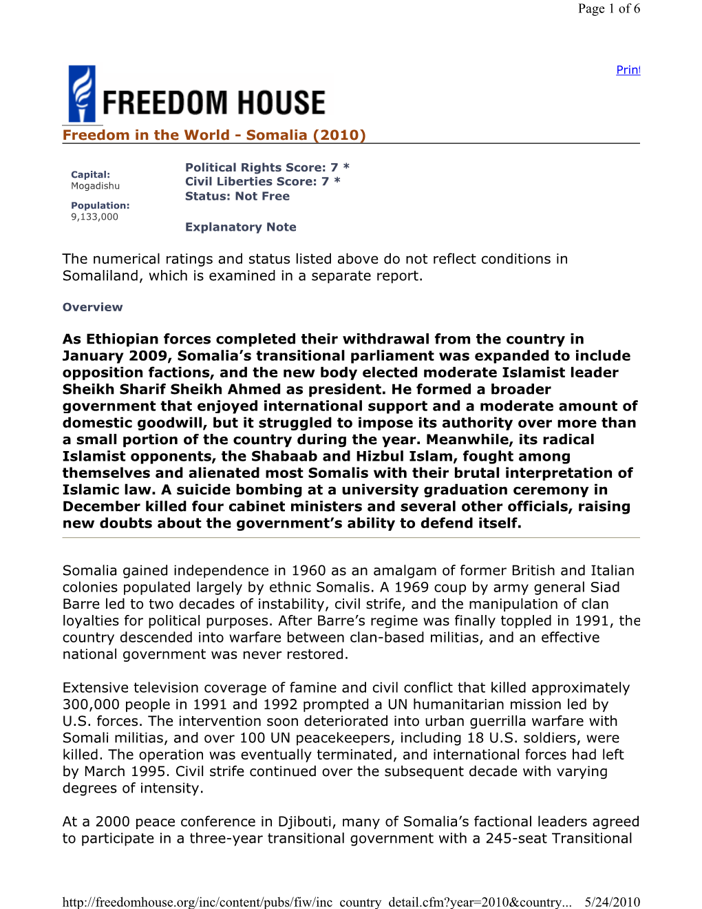 Freedom in the World - Somalia (2010)