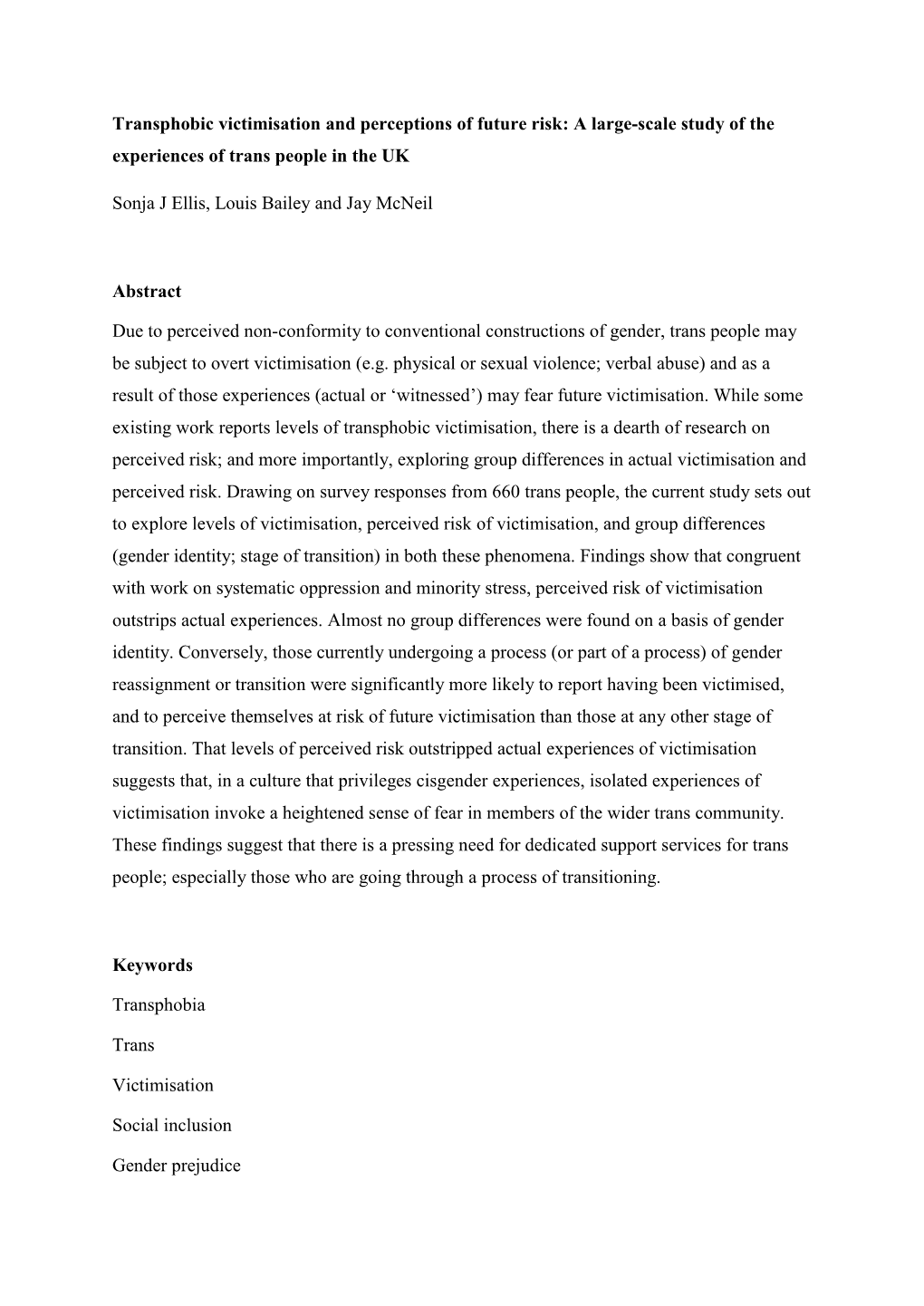 Transphobic Victimisation and Perceptions of Future Risk: a Large-Scale Study of the Experiences of Trans People in the UK