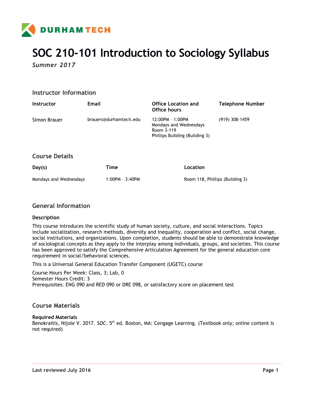 SOC 210-101 Introduction to Sociology Syllabus