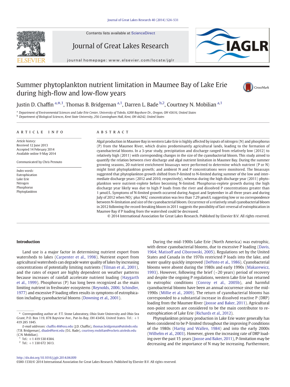 Summer Phytoplankton Nutrient Limitation in Maumee Bay of Lake Erie During High-ﬂow and Low-ﬂow Years