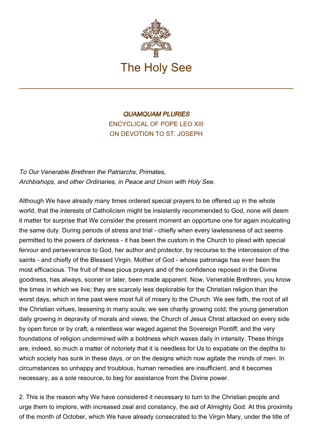 Quamquam Pluries Encyclical of Pope Leo Xiii on Devotion to St