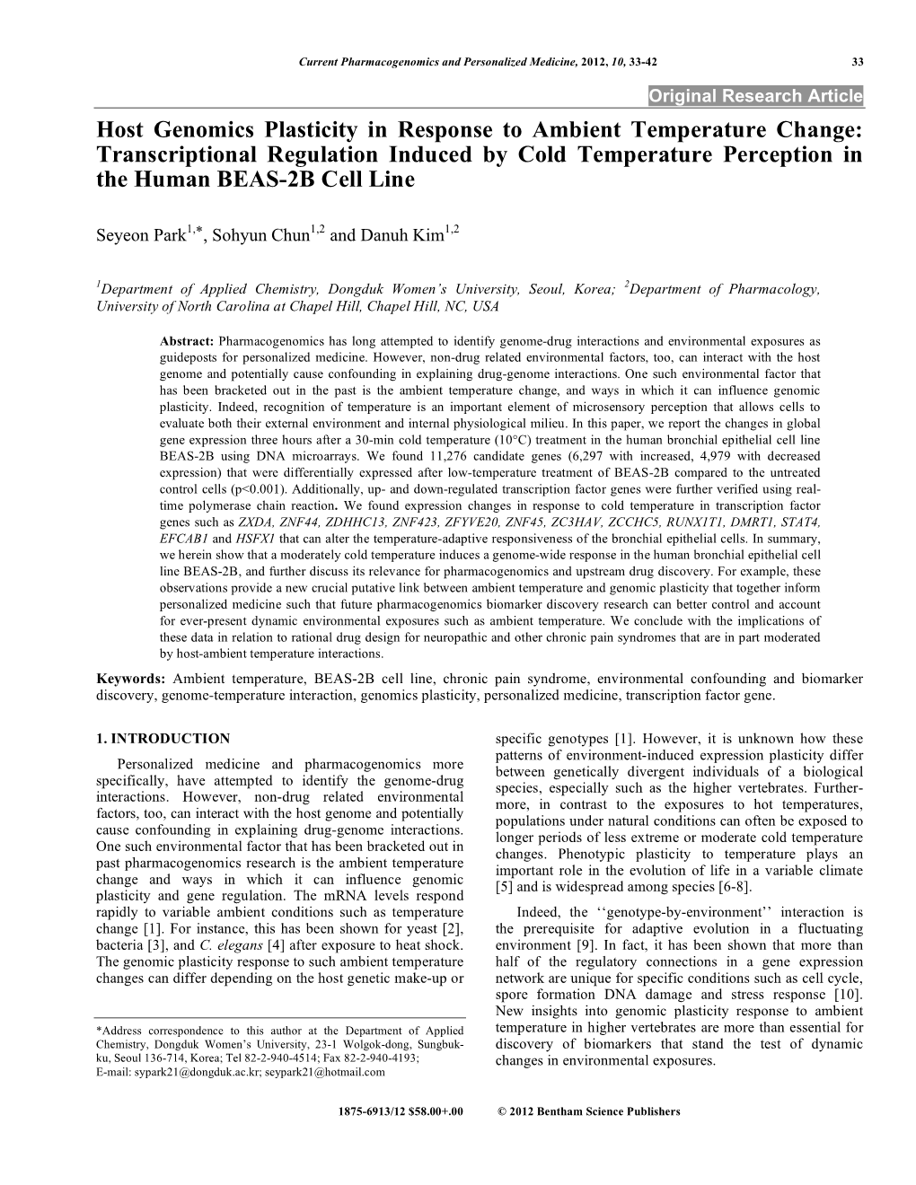 Host Genomics Plasticity in Response to Ambient Temperature Change: Transcriptional Regulation Induced by Cold Temperature Perception in the Human BEAS-2B Cell Line