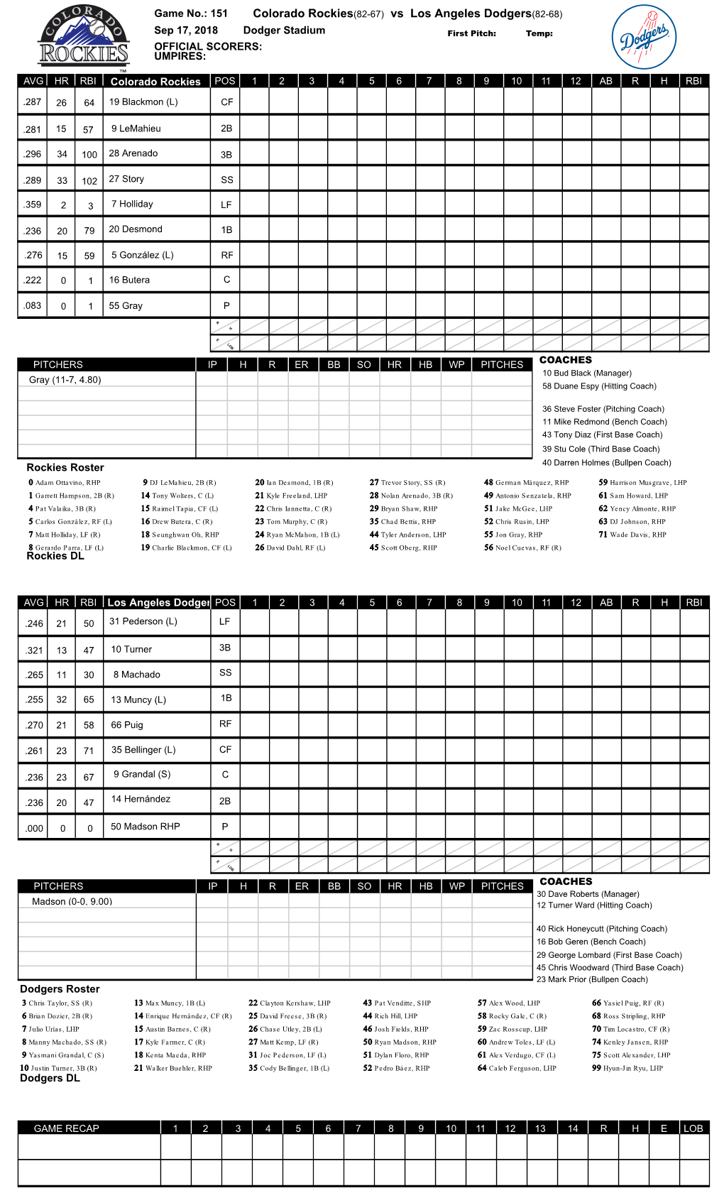 Colorado Rockies(82-67) Vs Los Angeles Dodgers(82-68)