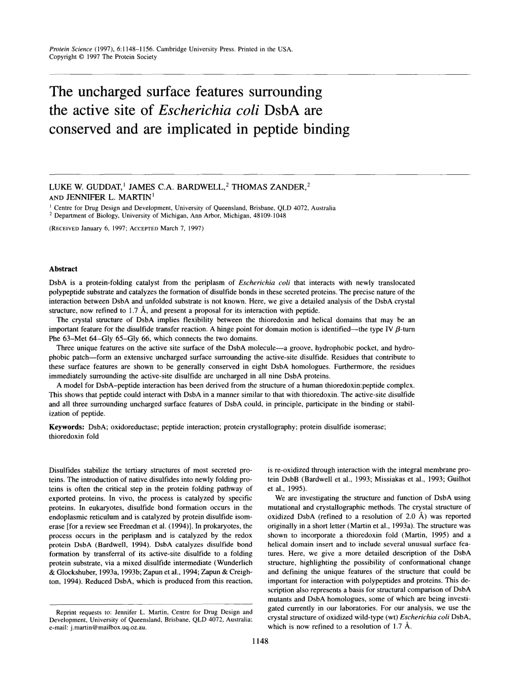 The Uncharged Surface Features Surrounding the Active Site of Escherichia Coli Dsba Are Conserved and Are Implicated in Peptide Binding