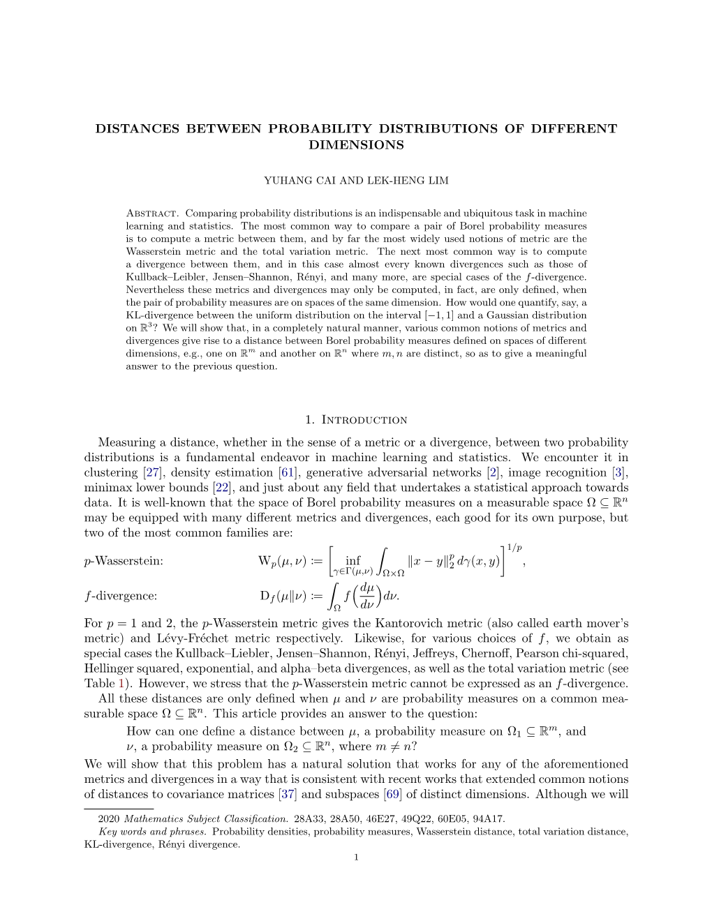 Distances Between Probability Distributions of Different Dimensions