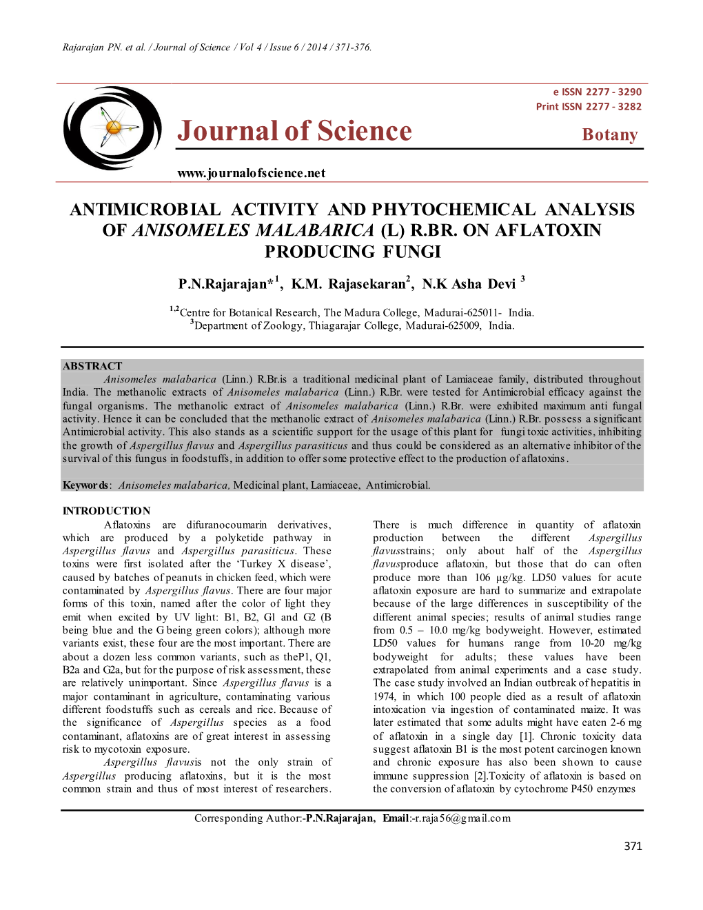 Antimicrobial Activity and Phytochemical Analysis of Anisomeles Malabarica (L) R.Br