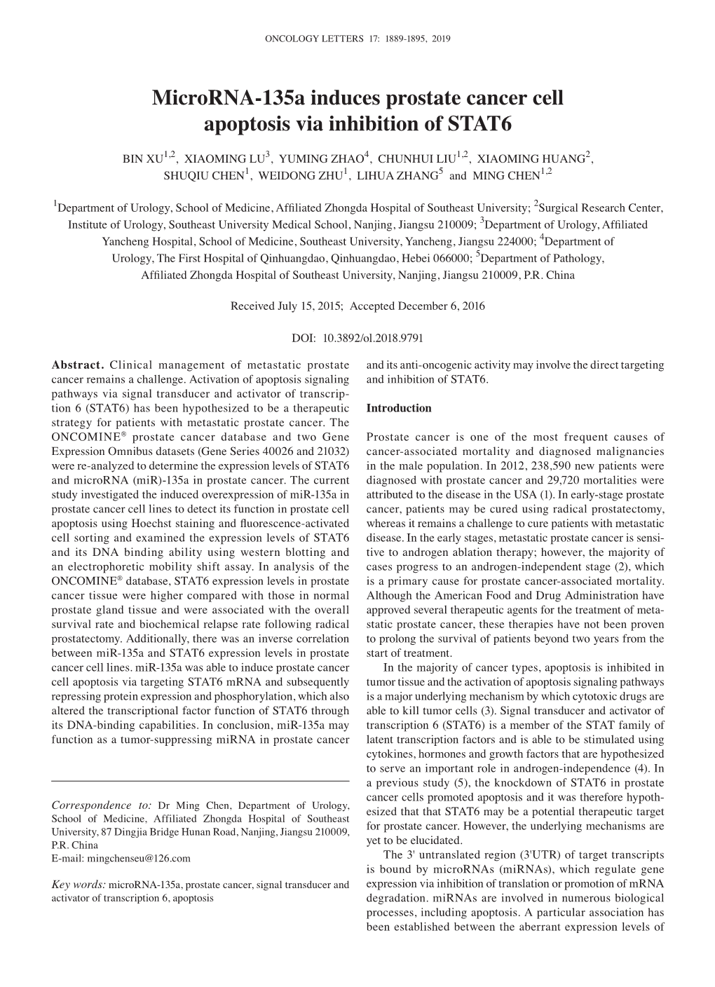 Microrna‑135A Induces Prostate Cancer Cell Apoptosis Via Inhibition of STAT6