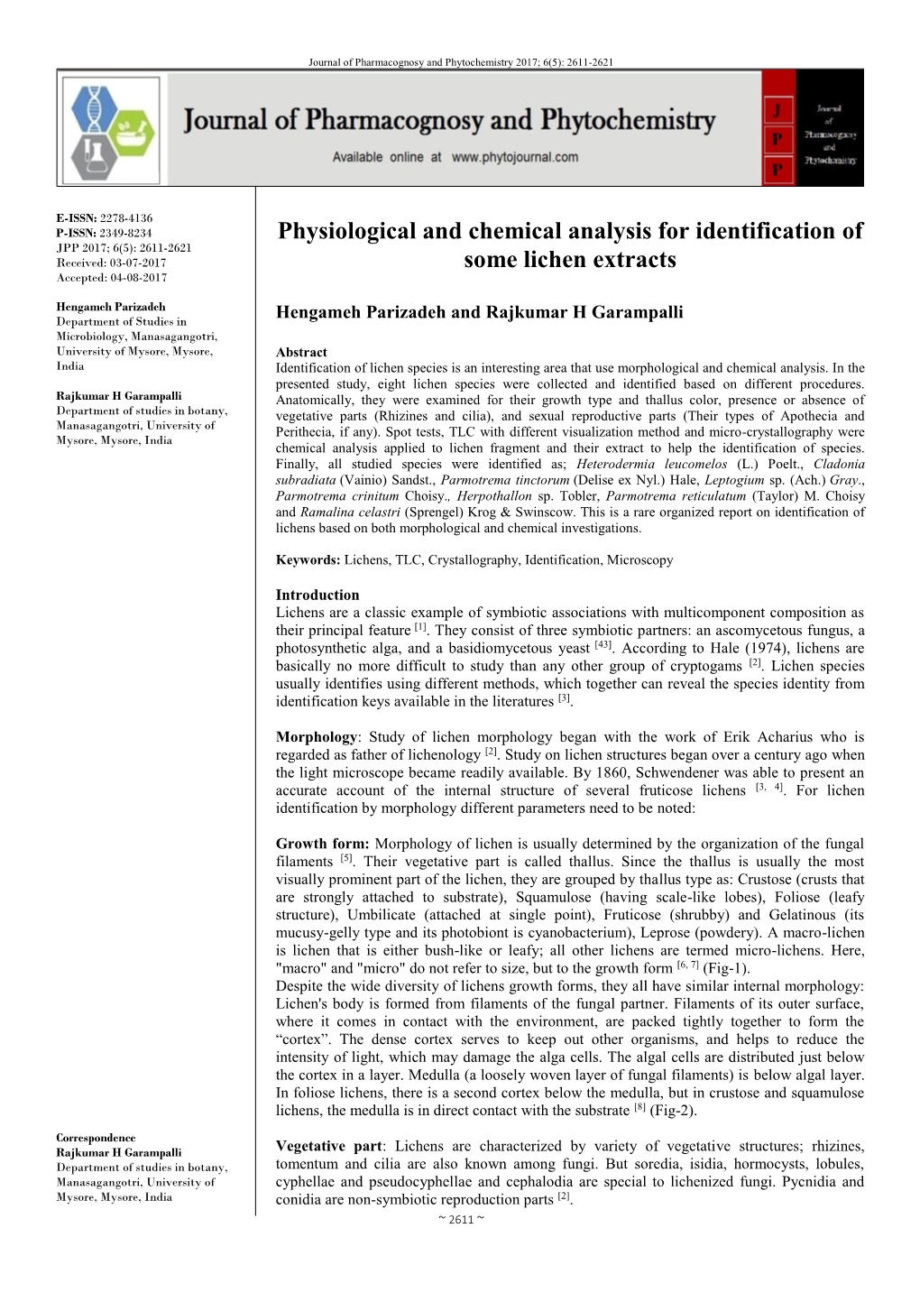Physiological and Chemical Analysis for Identification of Some Lichen