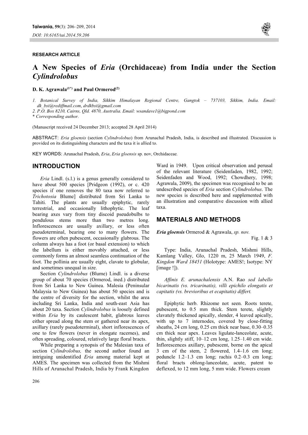 A New Species of Eria (Orchidaceae) from India Under the Section Cylindrolobus