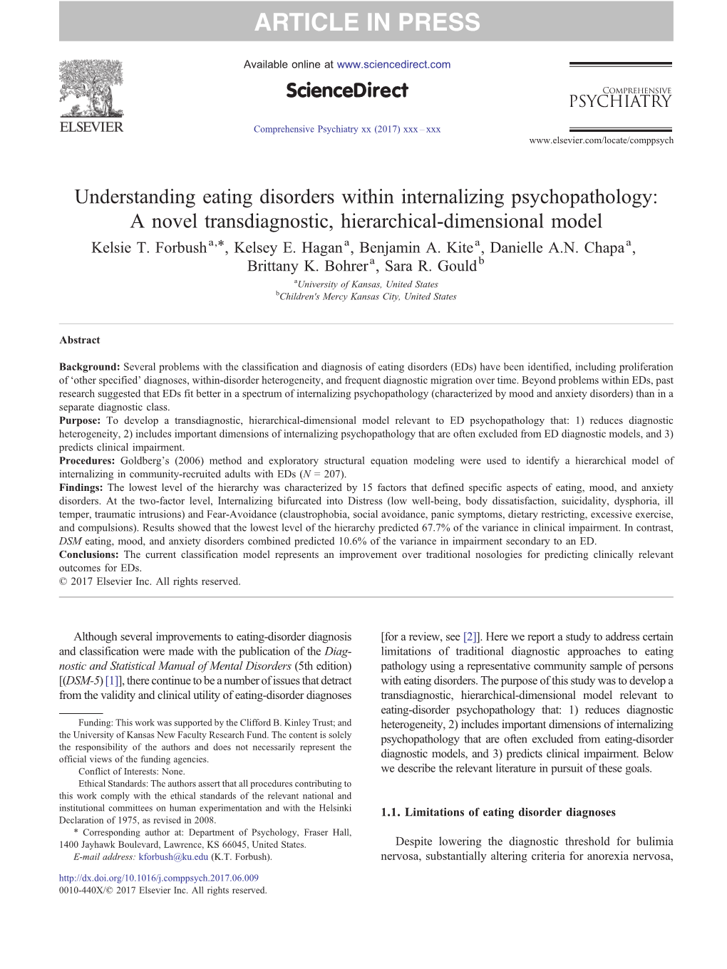 Understanding Eating Disorders Within Internalizing Psychopathology: a Novel Transdiagnostic, Hierarchical-Dimensional Model ⁎ Kelsie T