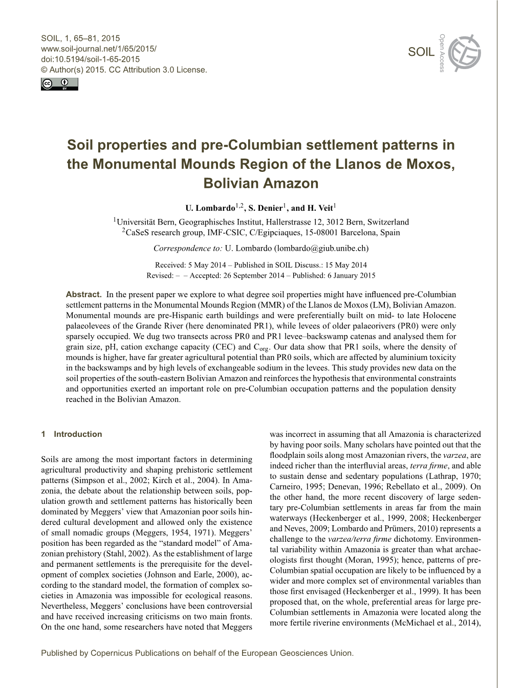 Soil Properties and Pre-Columbian Settlement Patterns in the Monumental Mounds Region of the Llanos De Moxos, Bolivian Amazon