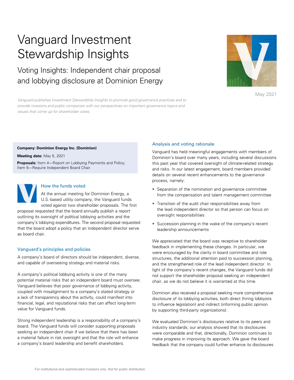 Vanguard Investment Stewardship Insights Voting Insights: Independent Chair Proposal and Lobbying Disclosure at Dominion Energy