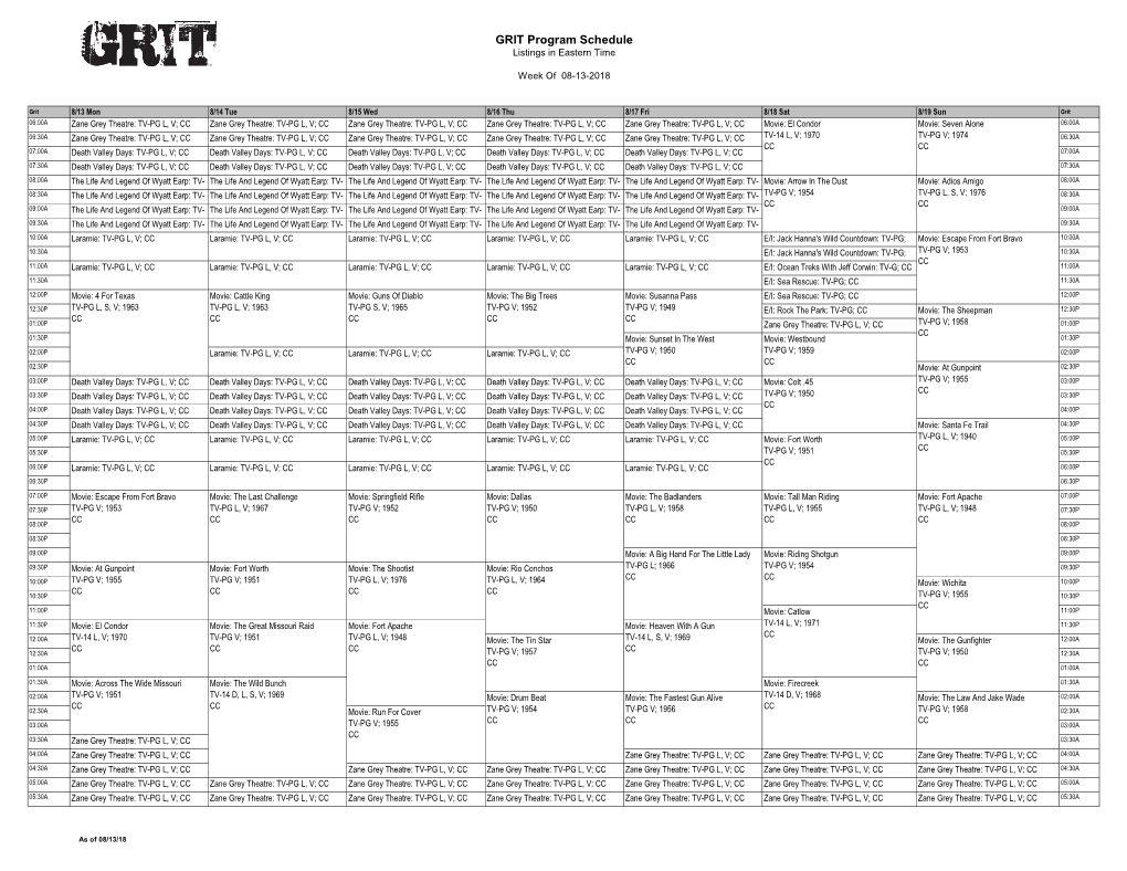 GRIT Program Schedule Listings in Eastern Time