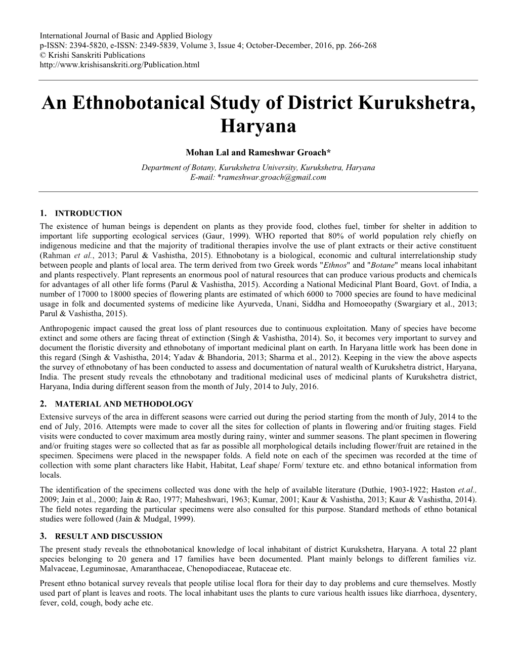 An Ethnobotanical Study of District Kurukshetra, Haryana
