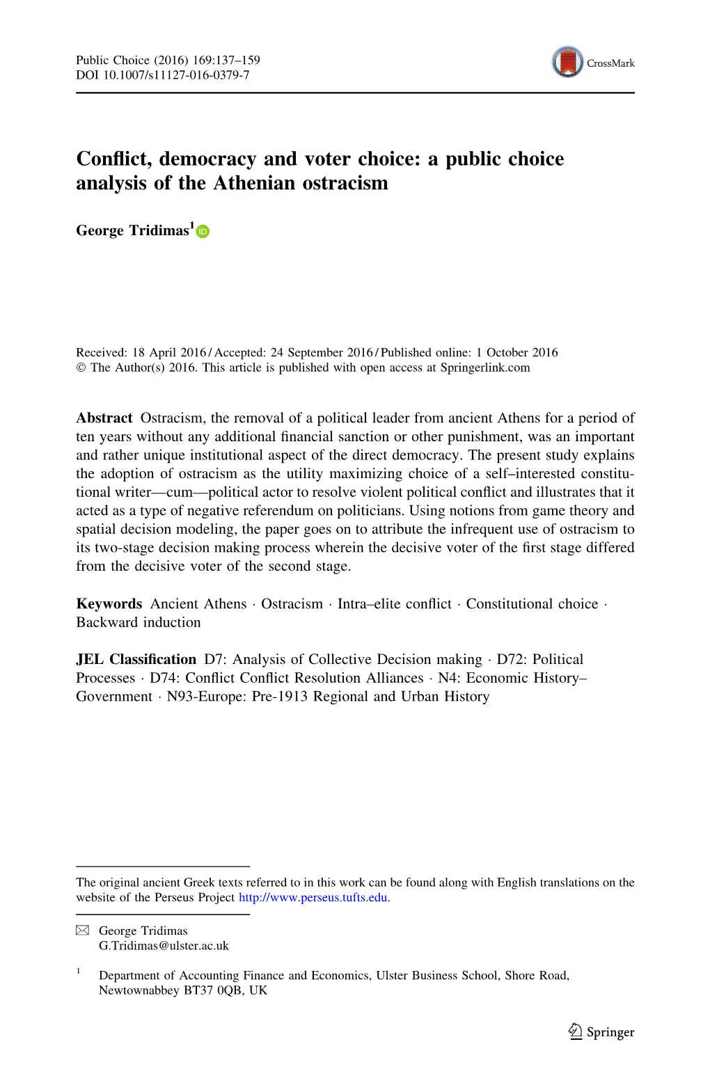 Conflict, Democracy and Voter Choice: a Public Choice Analysis of The