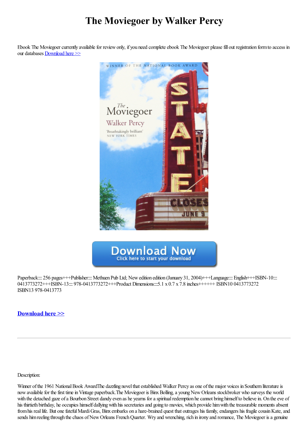 Download the Moviegoer by Walker Percy