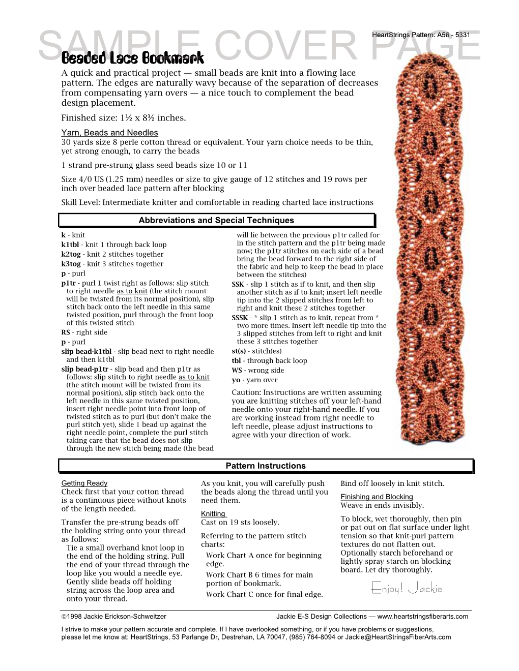 Sample Cover Page of Heartstrings #A56 Beaded Lace Bookmark Pattern