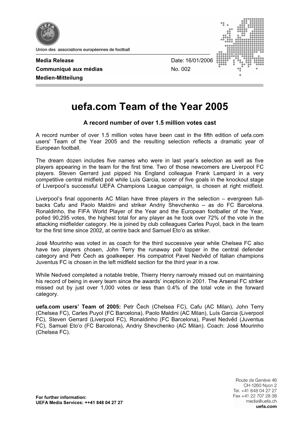 Uefa.Com Team of the Year 2005