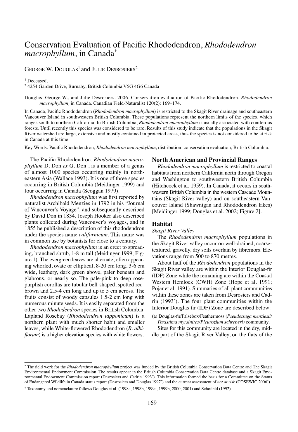 Conservation Evaluation of Pacific Rhododendron, Rhododendron Macrophyllum, in Canada