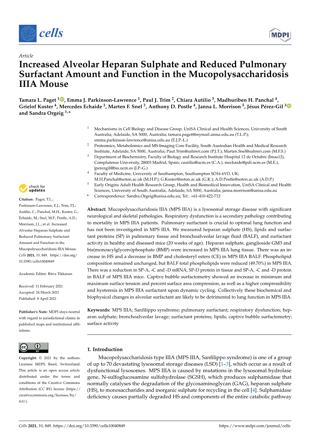 Increased Alveolar Heparan Sulphate and Reduced Pulmonary Surfactant Amount and Function in the Mucopolysaccharidosis IIIA Mouse