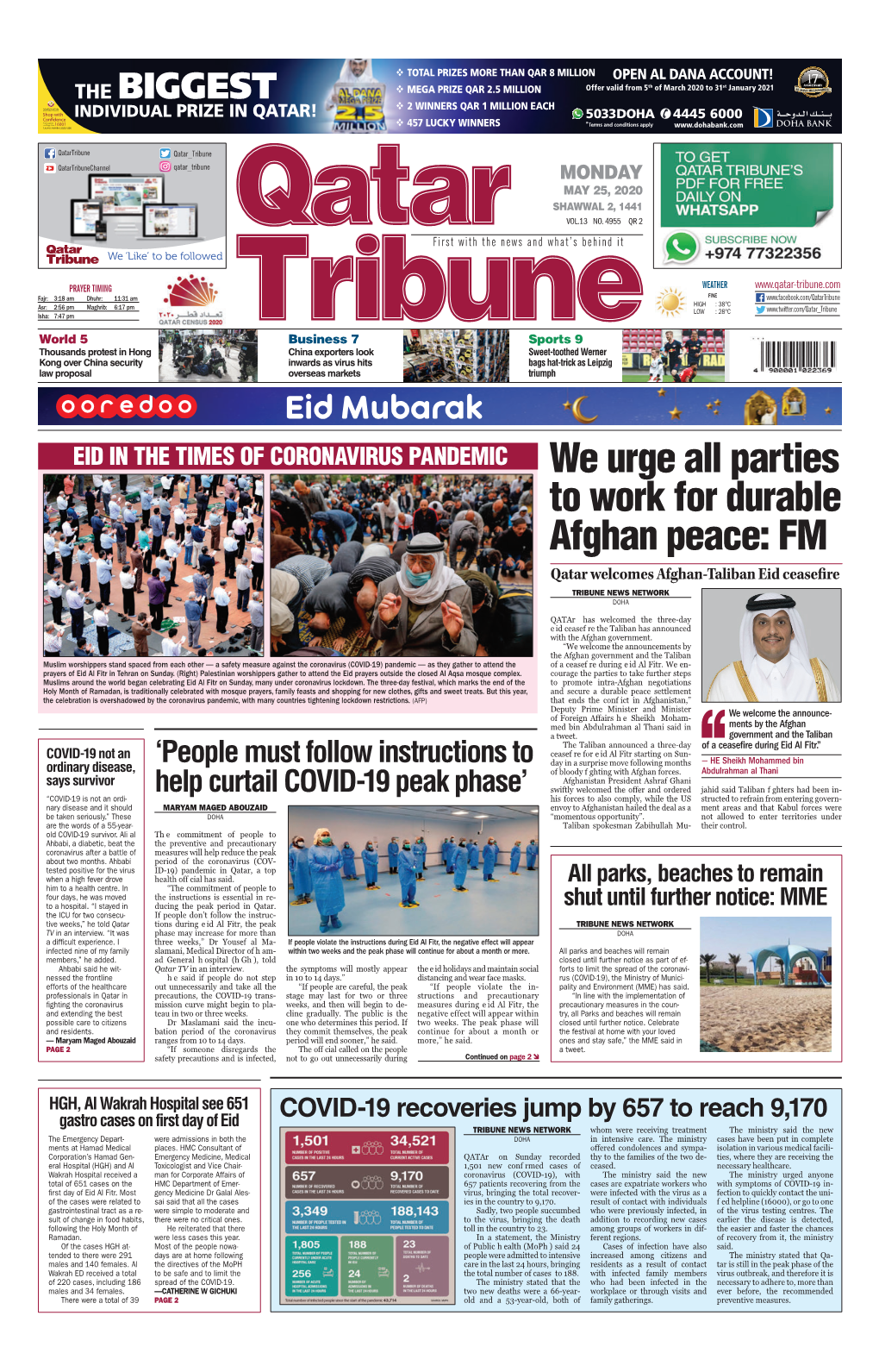We Urge All Parties to Work for Durable Afghan Peace: FM Qatar Welcomes Afghan-Taliban Eid Ceasefire Tribune News Network Doha