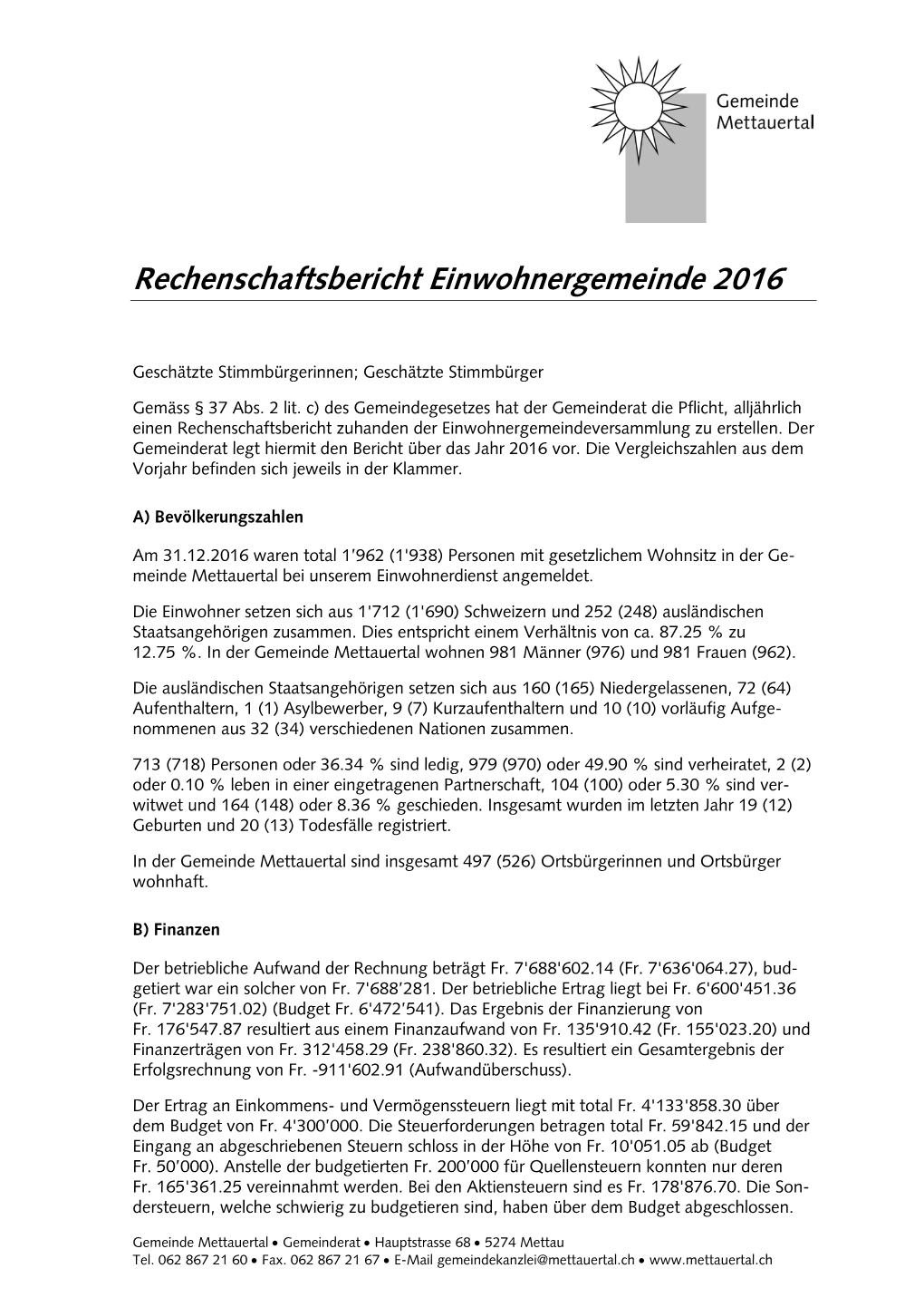 Rechenschaftsbericht Einwohnergemeinde 2016