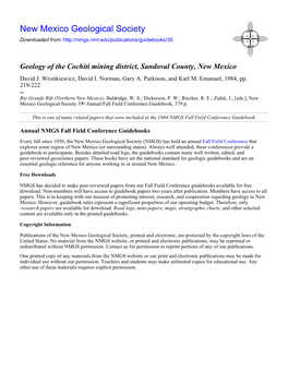 Geology of the Cochiti Mining District, Sandoval County, New Mexico David J