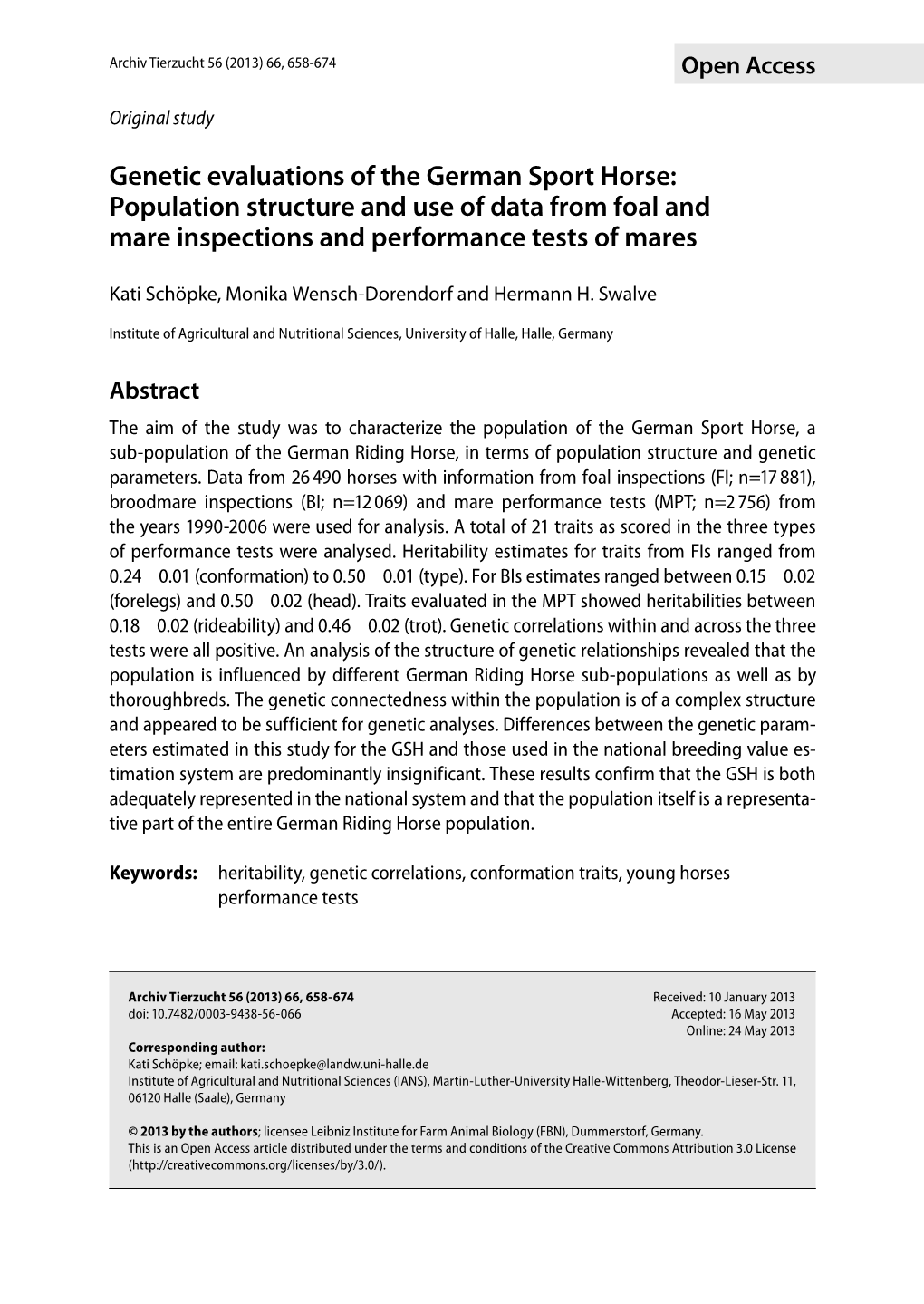 Genetic Evaluations of the German Sport Horse: Population Structure and Use of Data from Foal and Mare Inspections and Performance Tests of Mares