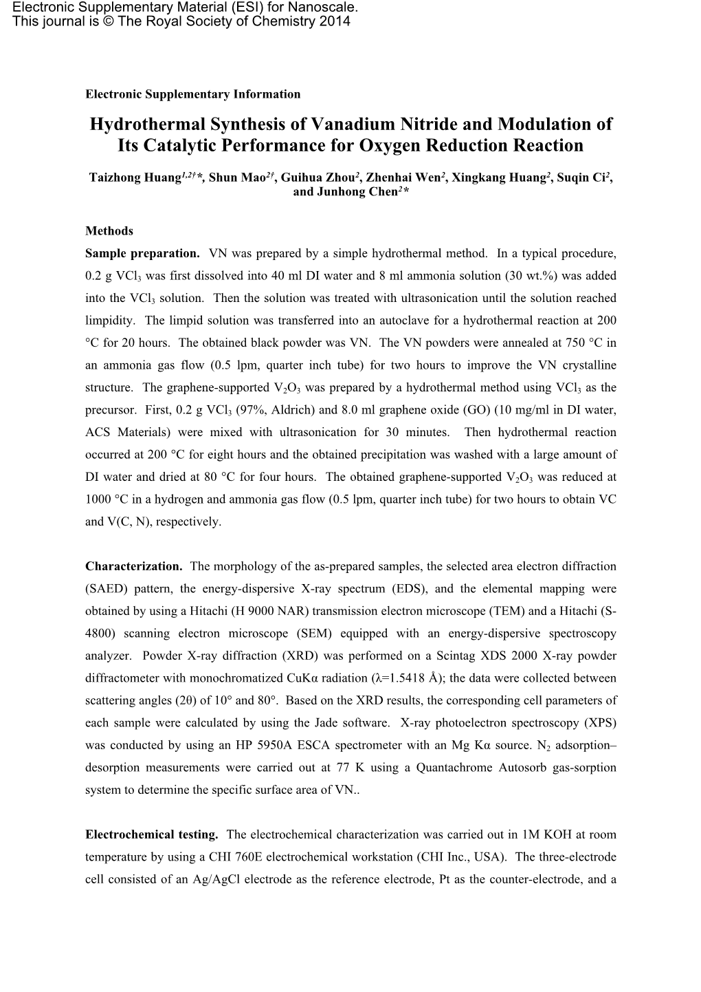 Hydrothermal Synthesis of Vanadium Nitride and Modulation of Its Catalytic Performance for Oxygen Reduction Reaction