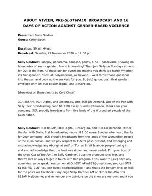 About Vivien, Pre-Slutwalk Broadcast and 16 Days of Action Against Gender-Based Voilence