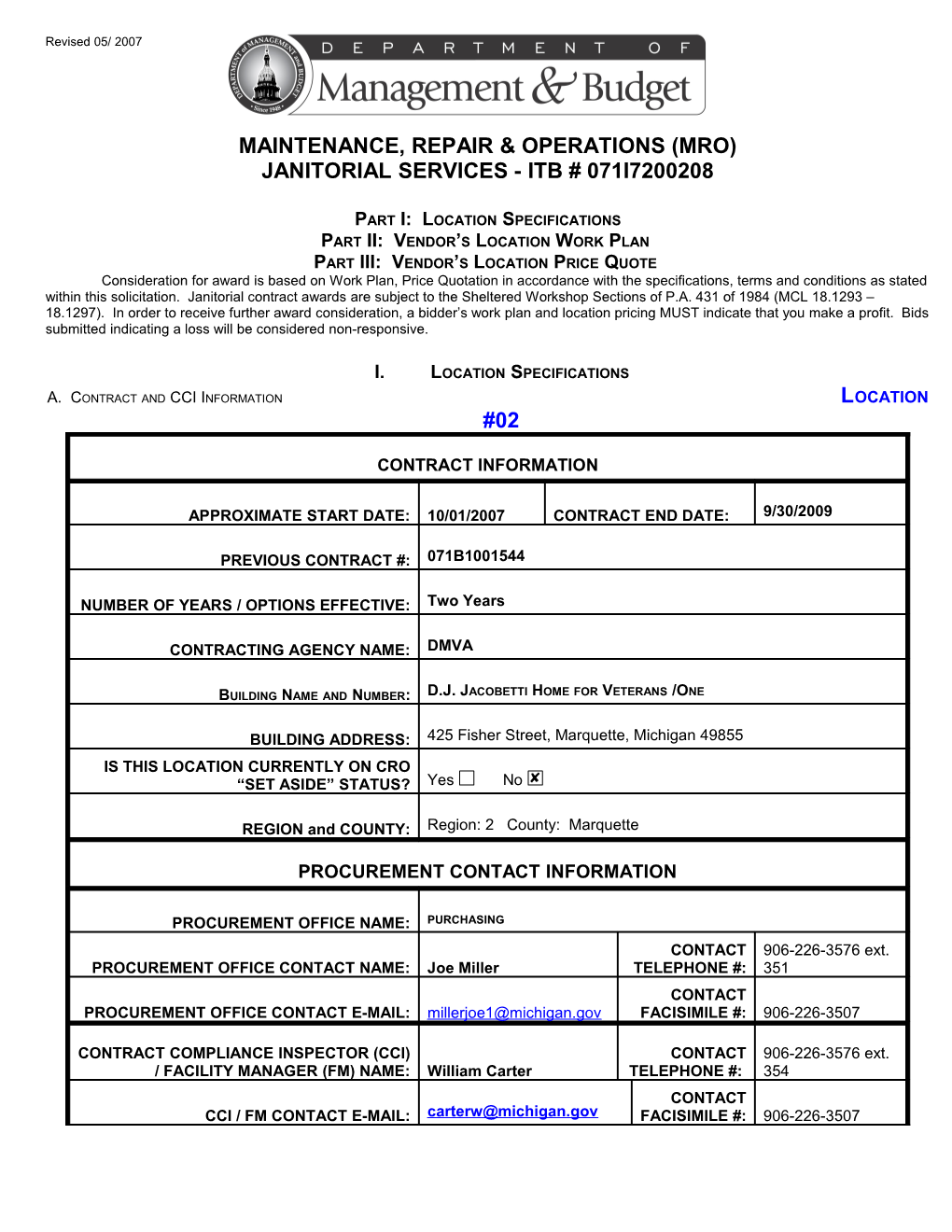 Location Specification Sheet