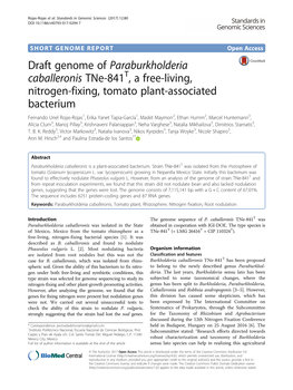Draft Genome of Paraburkholderia Caballeronis Tne-841T, a Free-Living