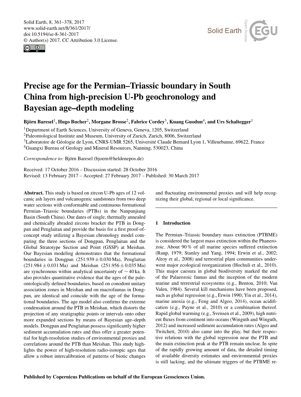 Precise Age for the Permian–Triassic Boundary in South China from High-Precision U-Pb Geochronology and Bayesian Age–Depth Modeling