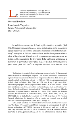 Giovanni Borriero Raimbaut De Vaqueiras Savis E Fols, Humils Et Orgoillos (Bdt 392.28)