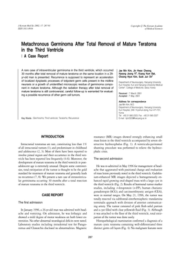 Metachronous Germinoma After Total Removal of Mature Teratoma in the Third Ventricle : a Case Report