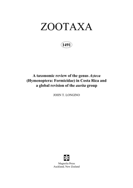 Zootaxa, a Taxonomic Review of the Genus Azteca