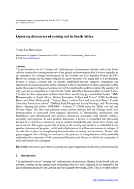 Queering Discourses of Coming out in South Africa