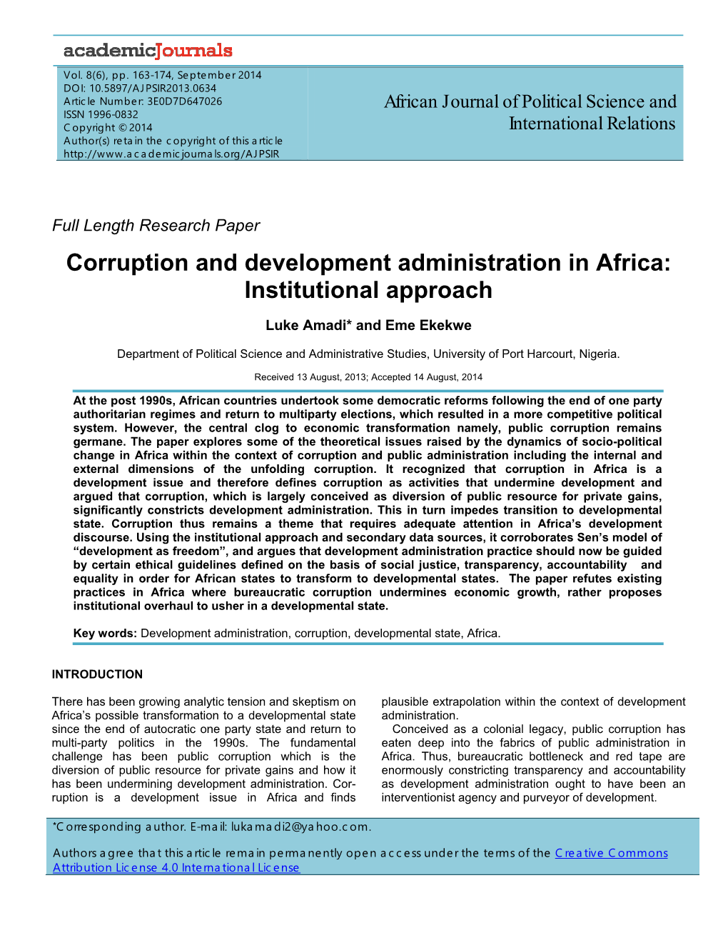 Corruption and Development Administration in Africa: Institutional Approach