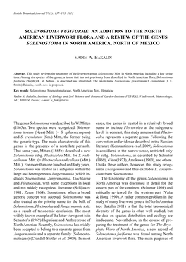 Solenostoma Fusiforme: an Addition to the North American Liverwort Flora and a Review of the Genus Solenostoma in North America, North of Mexico