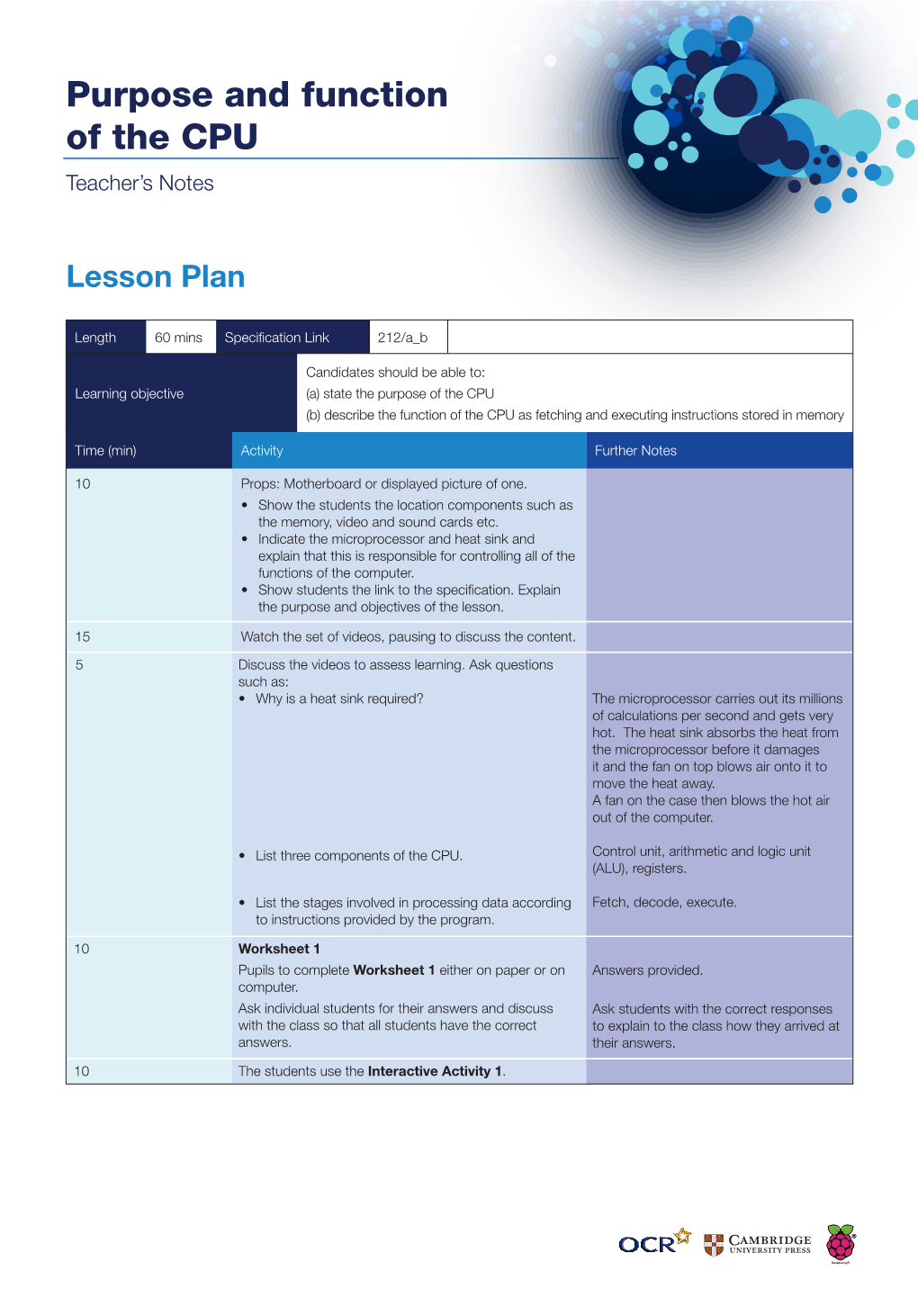 Purpose and Function of the CPU Teacher’S Notes