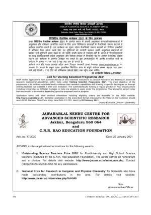 JAWAHARLAL NEHRU CENTRE for ADVANCED SCIENTIFIC RESEARCH Jakkur, Bengaluru 560 064 and C.N.R. RAO EDUCATION FOUNDATION