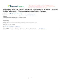 Spatial and Seasonal Variation for Water Quality Indices of Gomal Zam Dam and Its Tributaries in the South Waziristan District, Pakistan