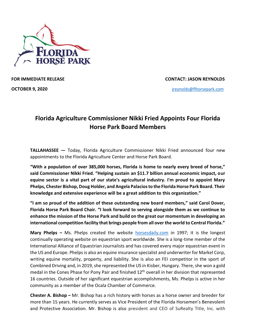 Florida Agriculture Commissioner Nikki Fried Appoints Four Florida Horse Park Board Members