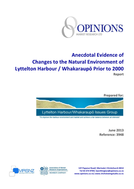 Anecdotal Evidence of Changes to the Natural Environment of Lyttelton Harbour / Whakaraupō Prior to 2000 Report