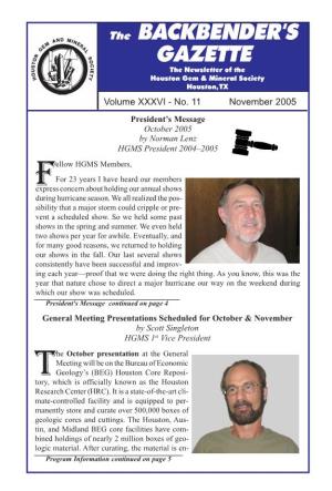 GAZETTE Vice President the Newsletter of the Houston, TX the BACKBENDER's GAZETTE NOVEMBER 2005
