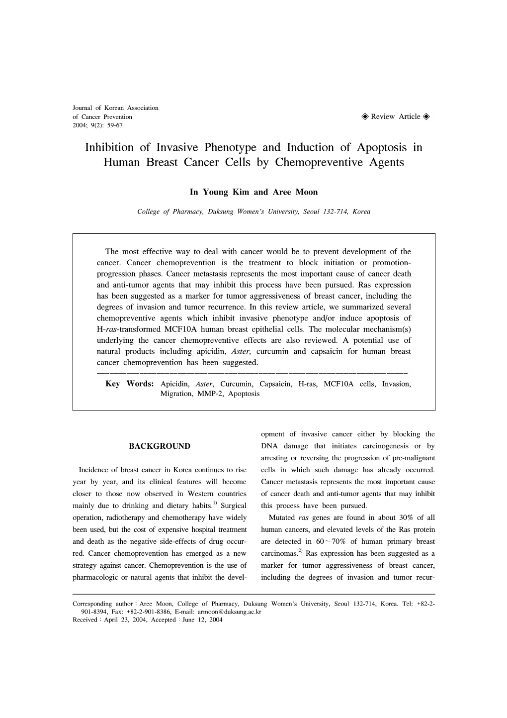 Inhibition of Invasive Phenotype and Induction of Apoptosis in Human Breast Cancer Cells by Chemopreventive Agents