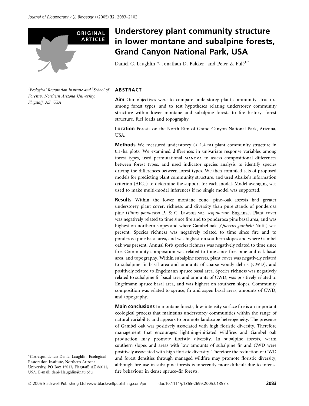 Understorey Plant Community Structure in Lower Montane and Subalpine Forests, Grand Canyon National Park