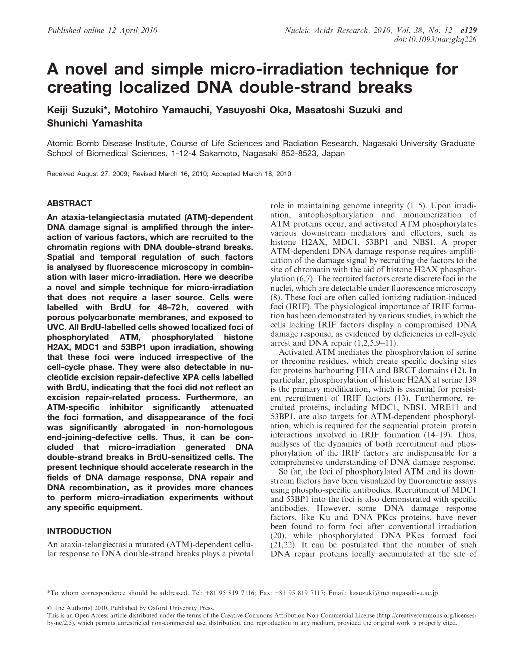 A Novel and Simple Micro-Irradiation Technique for Creating Localized DNA Double-Strand Breaks